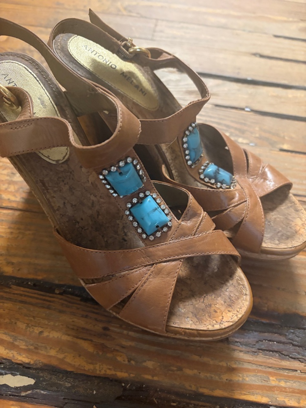 ANTONIO MELANI Brown Leather Wedge Sandals with Turquoise Stones